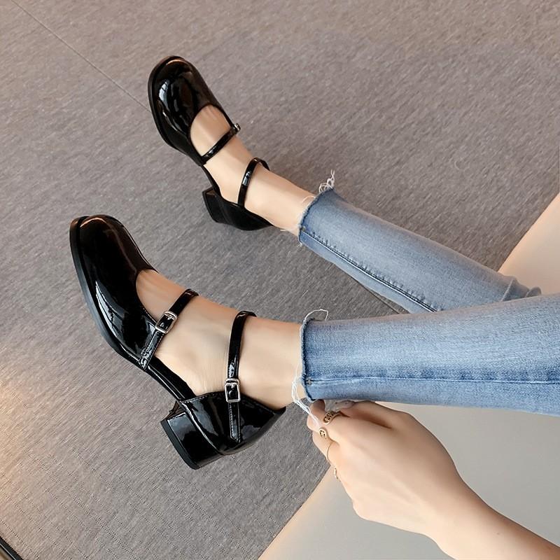 Fashion New Mary Jane Shoes Buckle Pumps Women Thick Heels Elegant Shallow Square Toe Footwear Party Office Lady Leather Shoes