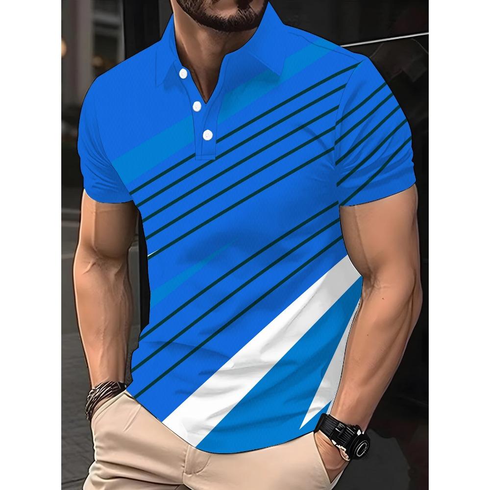 Color block men's shirt, fashionable striped printed T-shirt