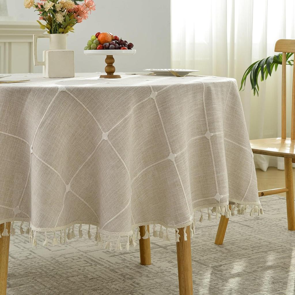 Lattice Embroidery Round Tablecloth Cotton Linen with Tassel for Kitchen Dining Party Tabletop Picnic Wedding Decor Table Cover