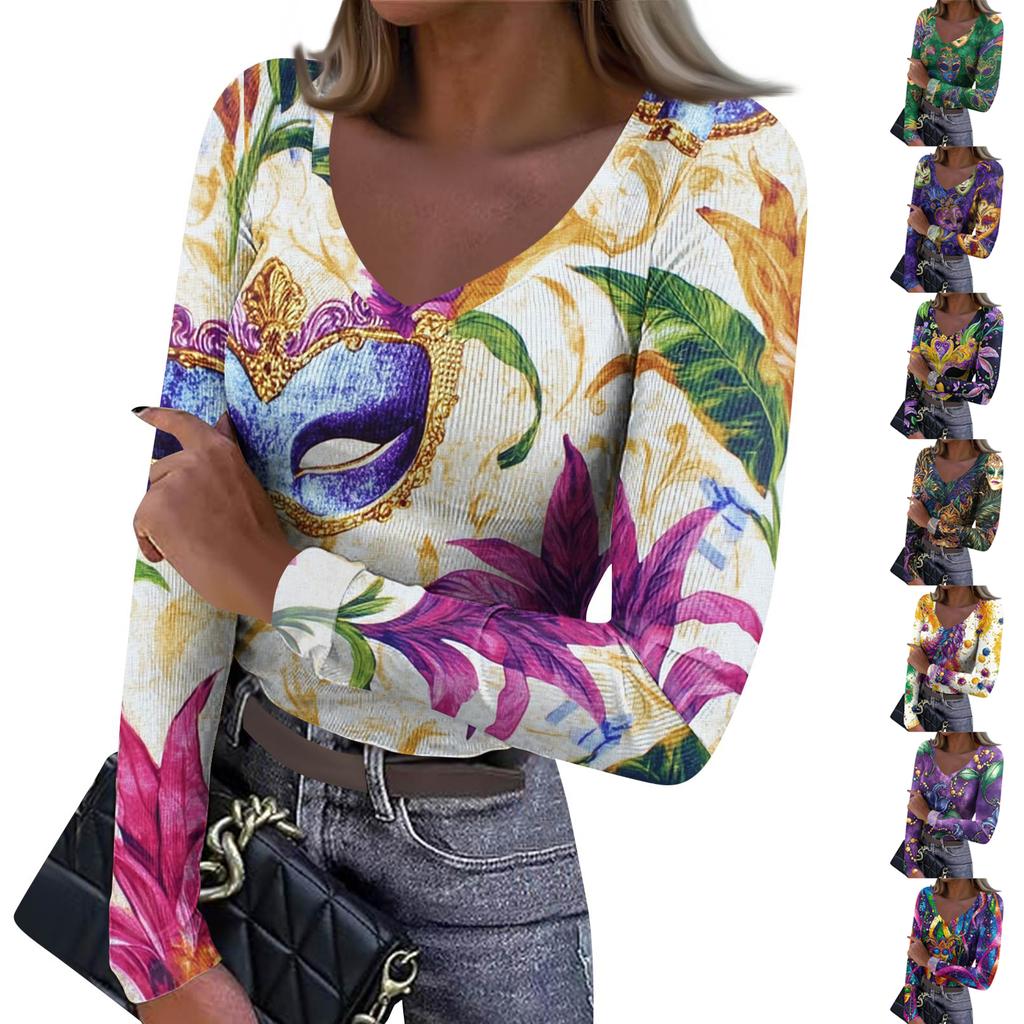 Women's Winter Slim-Fit Base Layer T-Shirt Fashionable Print V-Neck Pullover Long-Sleeved Top
