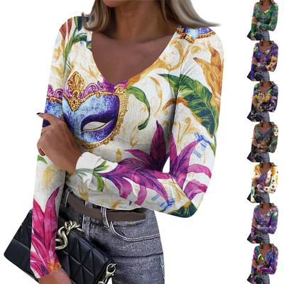 Women's Winter Slim-Fit Base Layer T-Shirt Fashionable  Print V-Neck Pullover Long-Sleeved Top