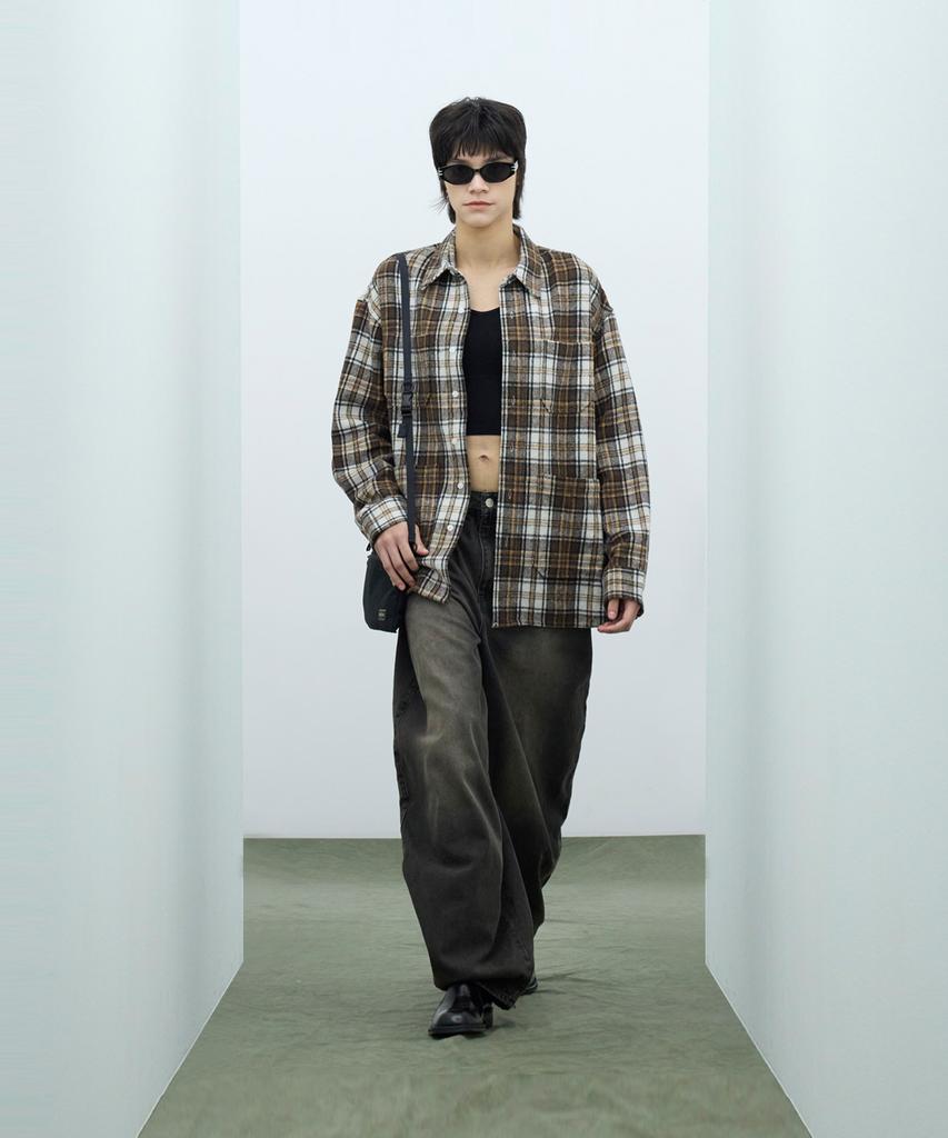 STANDARDERROR 87-Stan139 Legacy Mood Oversized Pocket Long Sleeve Check Shirt Jacket Brown