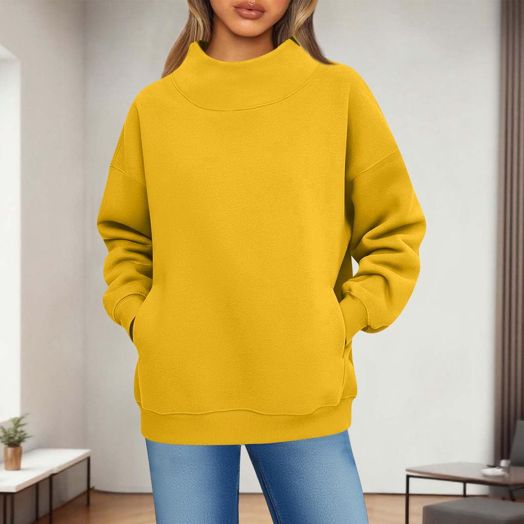 Women's Fashionable Casual Solid Color Round Neck Long Sleeved Pocket Sports Casual Pullover Sweatshirt Top