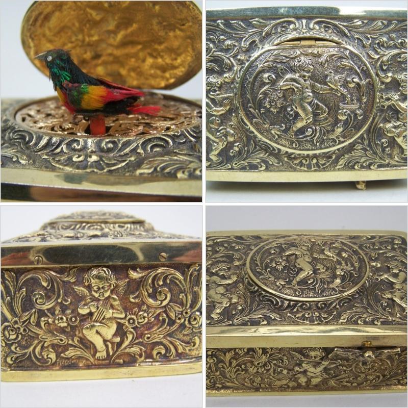 Antiek Legering Zingvogel Ornament Met Engel Embossed Patroon Mechanisch Muziekdoosje Voor Bureau Planken Display Cadeau