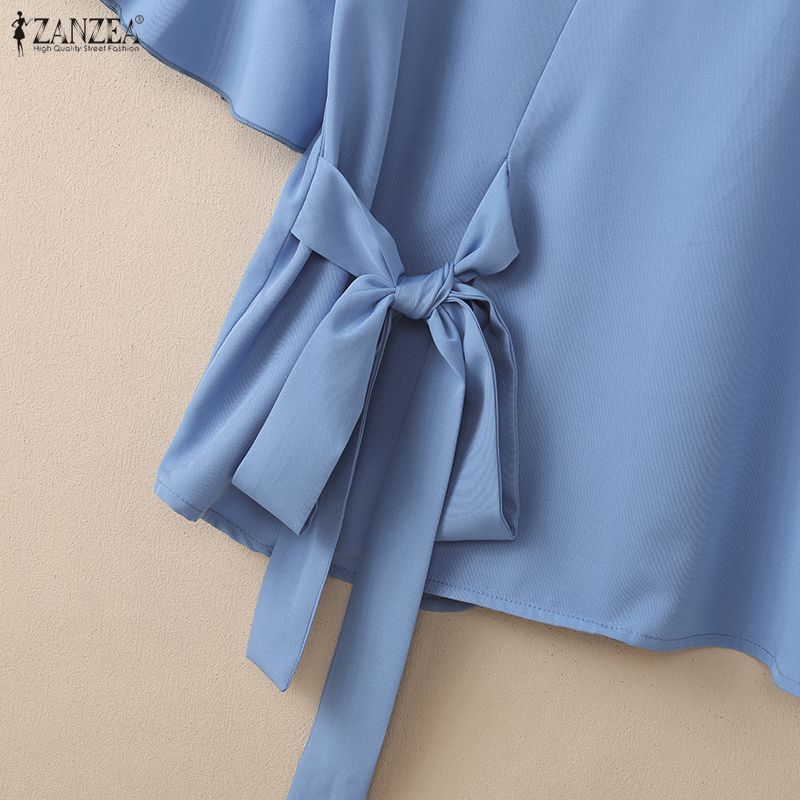 ZANZEA Women Casual Stand Collar Print Splice Half Sleeve Loose Blouse