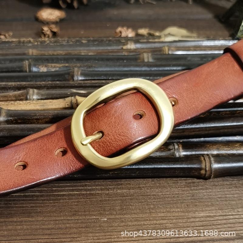 2.8Cm Retro Pleated Trendy Copper Buckle Belt Women'S Genuine Leather Pure Cowhide Versatile Jeans Belt