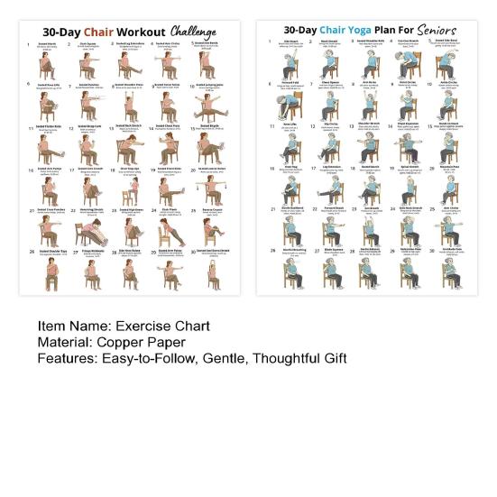 2Pcs Chair Yoga Poster Set, 30 Day Seated Exercise Chart for Seniors, Gentle Stretching Workout Guide for Elderly, Strength Training Wall Art