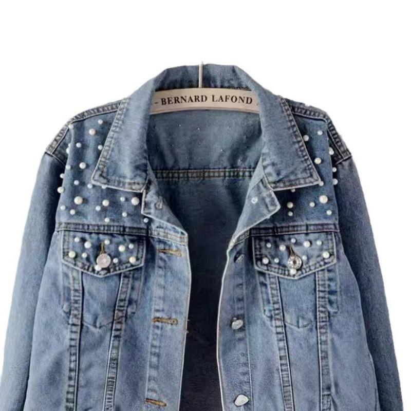 Veste en jean Femme Station Européenne Grande Taille Femme Manteau à Perles et Diamants Veste Étudiante Tendance Ample et Décontractée