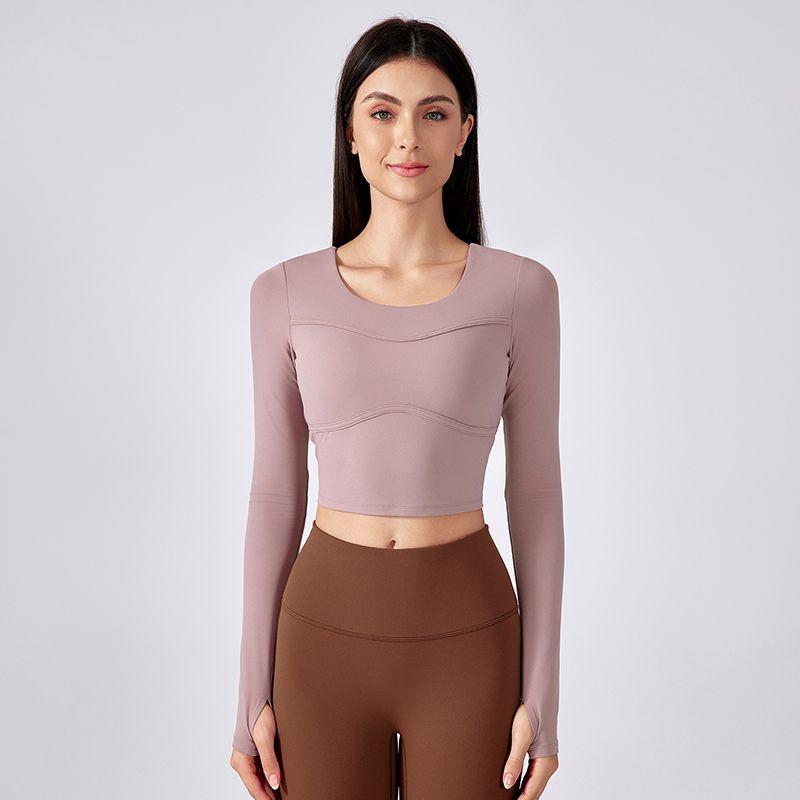 Original Long sleeve Yoga Clothes With Chest Pad Outer Wear Half Fixed Cup Quick-Drying T-shirt Women Short Pilates Workout Clothes