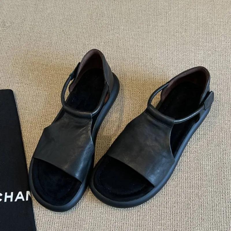 Women Open Toe Flat Sandals 2025 Summer New Retro Soft Leather Comfortable Soft Sole Versatile Women's Rome Shoes