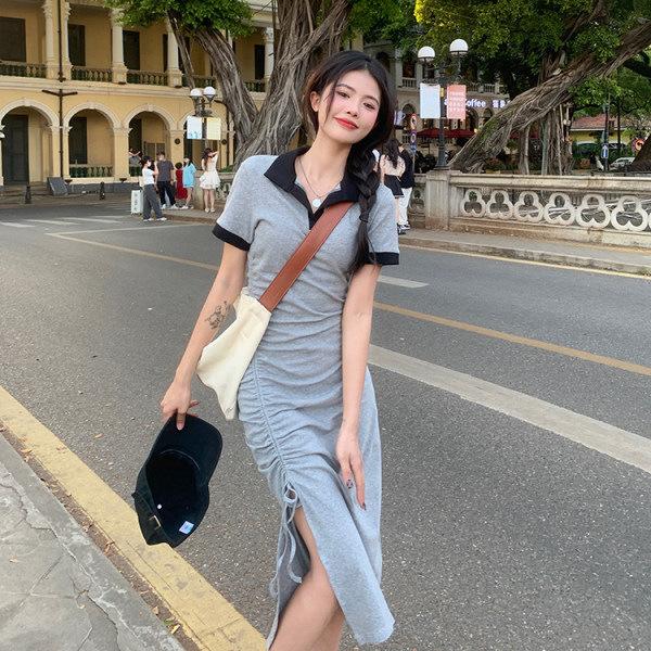 French polo collar split arm skirt women's new summer design sense niche medium and long dress