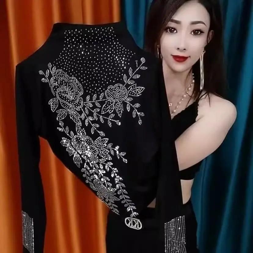 

Autumn Winter Fashionable Half Turtle Neck Solid Color Diamond Embellished Base Layer Plus Size Belly Covering XS чорний