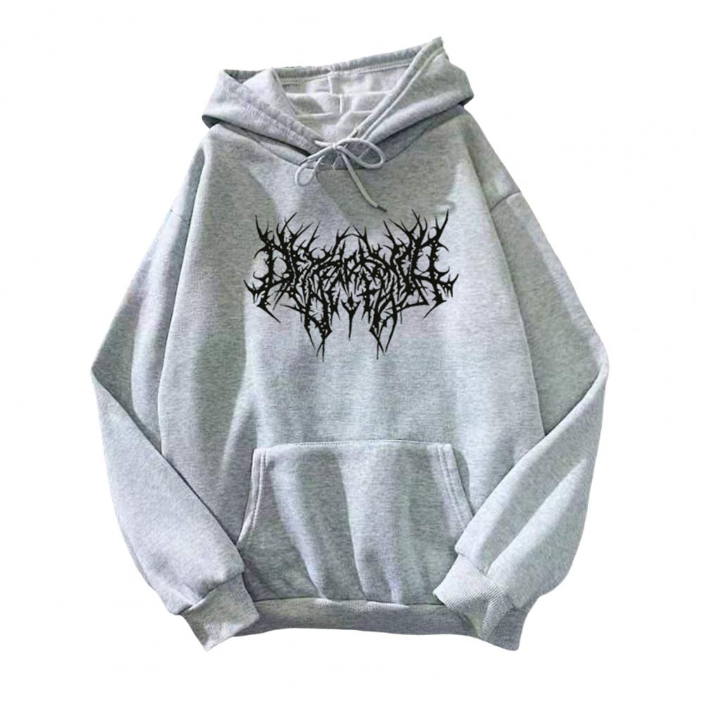 Fall Winter Unisex Hoodie Drawstring Elastic Cuff Thorn Print Thick Fleece Patch Pocket Loose Long Sleeves Pullover Warm Top
