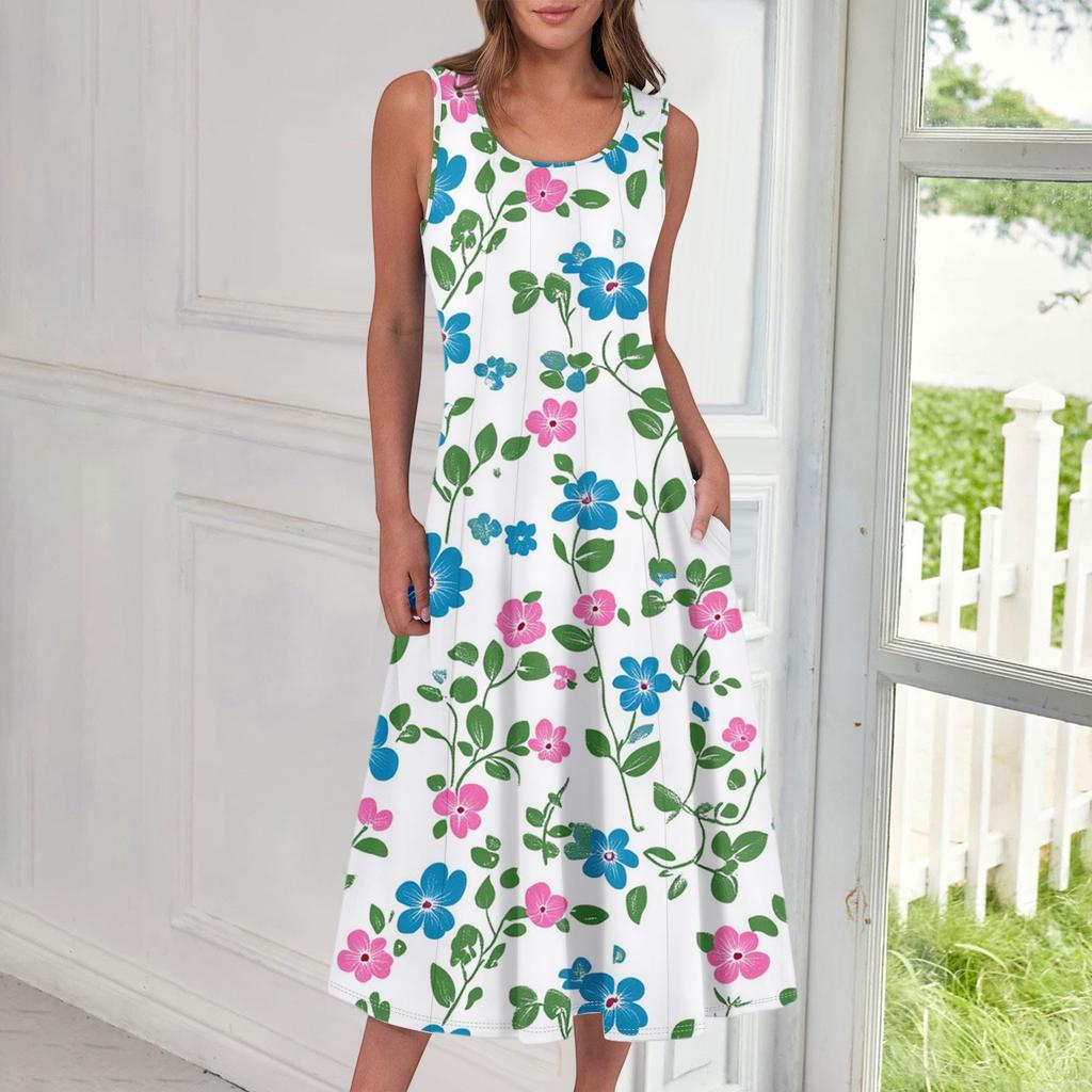 Women's Casual Fashion Floral Print Round Neck Sleeveless Midi Dress