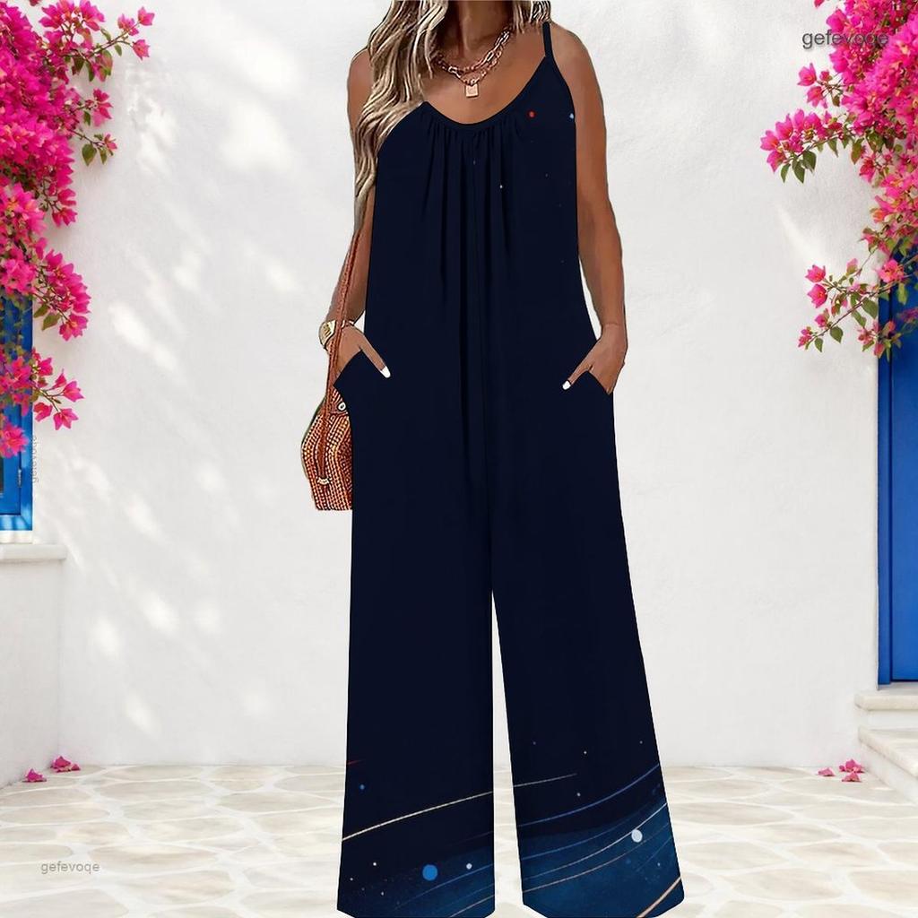 Women Spaghetti Strap Jumpsuit Cosmic Planet Star Patriotic Stripe Print Wide Leg Pants With Pockets