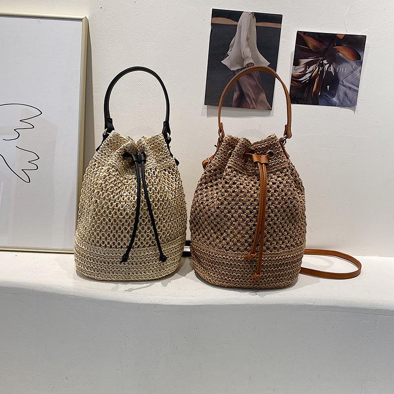 Yaz Örgülü Hasır Kova Çanta Kadınlar Için Basit İpli Plaj Omuz Crossbody Çanta