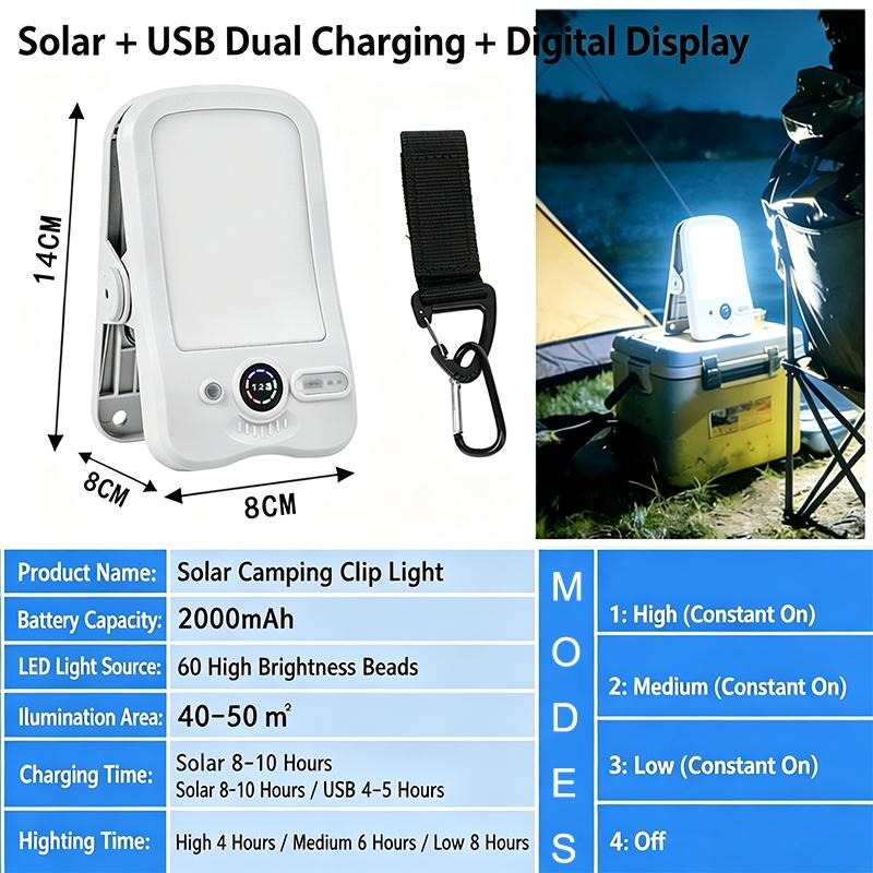Solar USB Rechargeable Clip-On Camping Light, Waterproof LED Tent Lamp 3 Brightness Modes Portable Outdoor Lantern for Hiking Fishing Emergency
