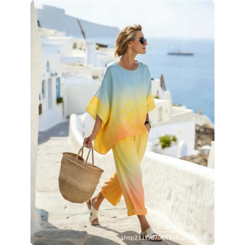 1116 Spring and Summer Bohemian Ink Painting Printing Two-piece Set Female Loose Casual Seaside Vacation Ladies Set