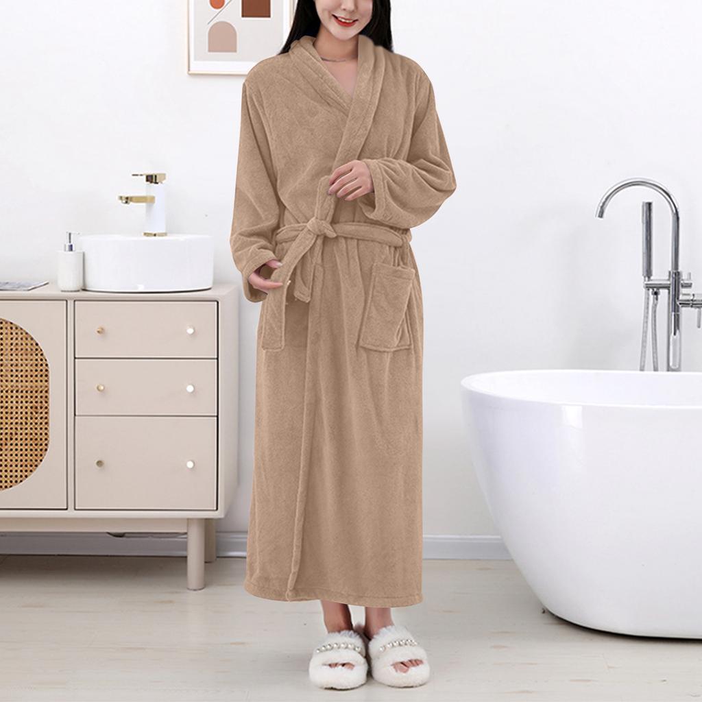 Women's Solid Color Long Sleeve Winter Warm Bathrobe Home Wear Plush Pajamas Nightgown