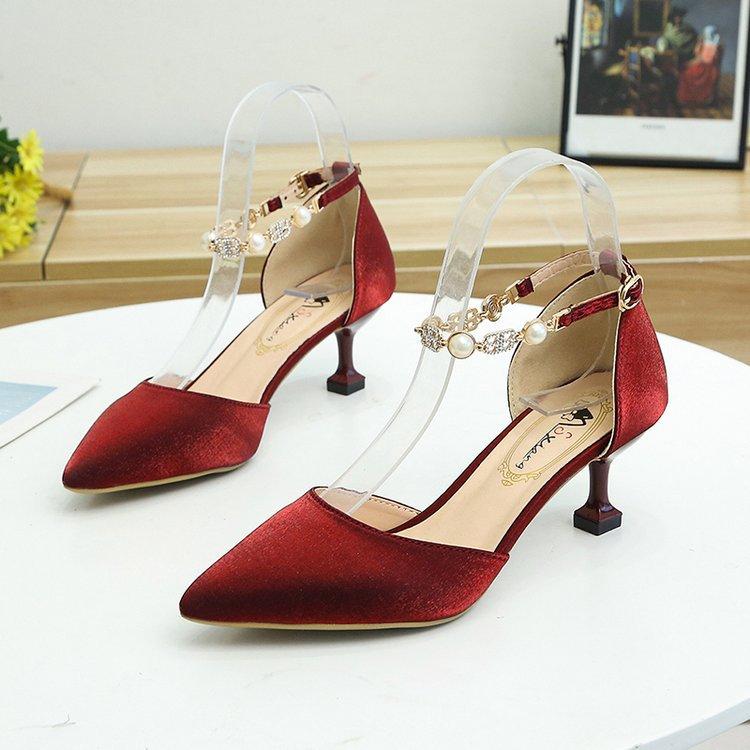 New light buckle rhinestone thin heel one-word buckle satin pointed sandals high heel light mouth
