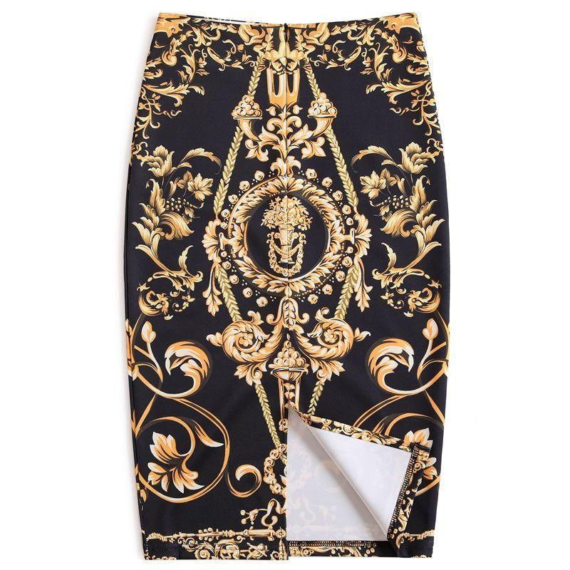 Summer Print Elegant Pencil Skirt Women  High Waist Knee Length Skirt Female