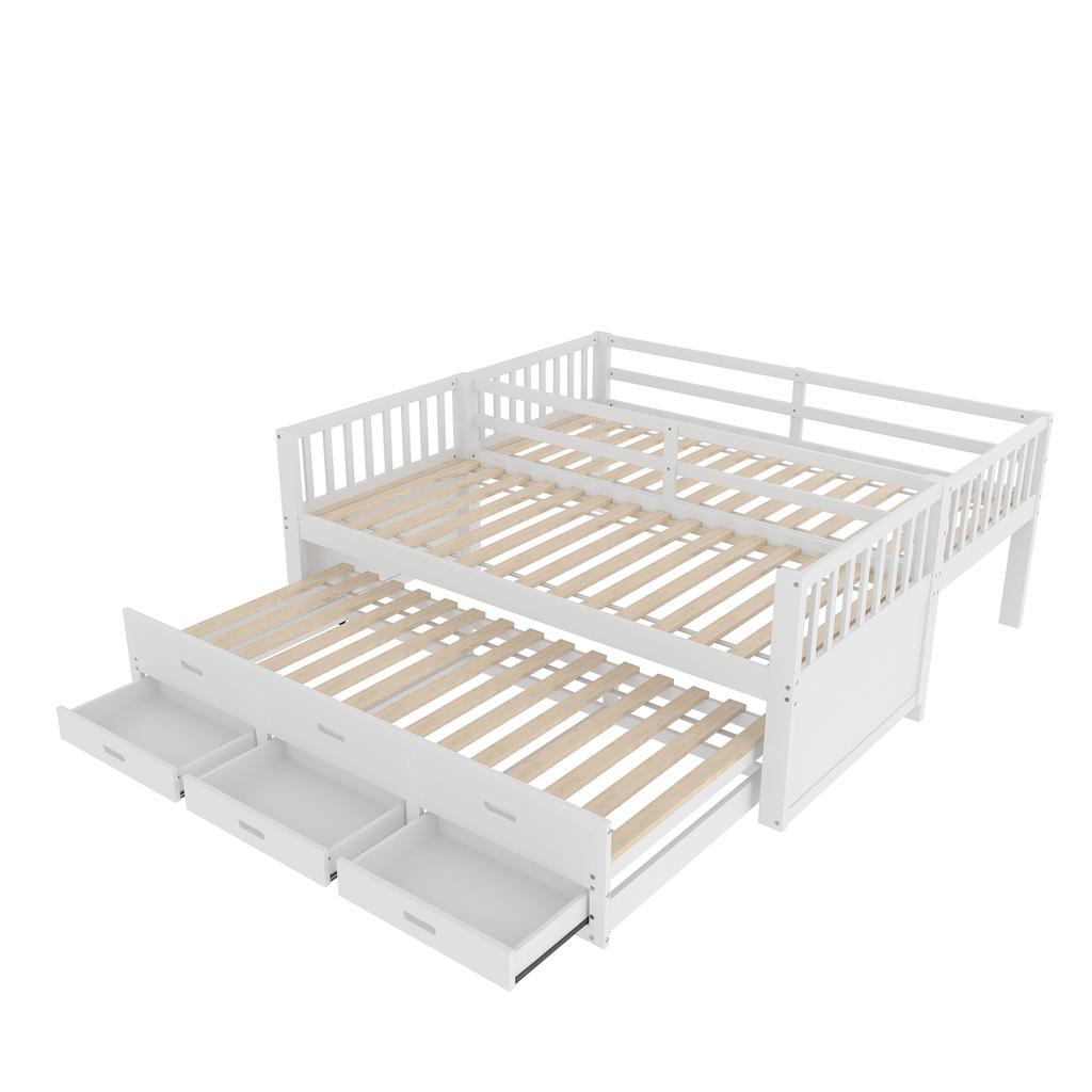 =(WX000121AAK)Etagenbett 90x200cm, Hausbett, Rahmen aus Kiefernholz und MDF mit Leiter und Ausziehbett und 3 Schubladen, Ohne Matratze, Weiß