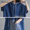 Rochie de denim supradimensionată pentru femei, în stil coreean, de vară, cu glugă, albastră, de dimensiuni mari, ocazională, midi, largi, rochie vintage largi cu mâneci scurte, cu buzunar