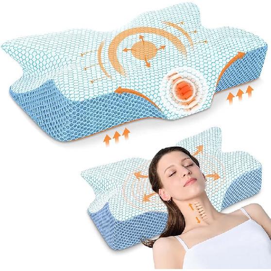 Anvo Cervical Neck Pillow for Neck and Shoulder Pain - Memory Foam Pillows for Pain Relief Sleeping, Contour Orthopedic for Side Back Stomach FIRM - Queen(24  x 16  x синий