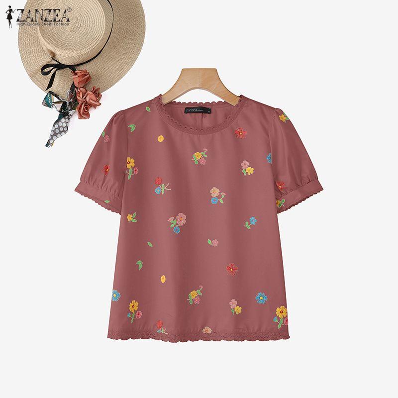 ZANZEA Women Floral Print Casual Round Neck Short Sleeve Blouse