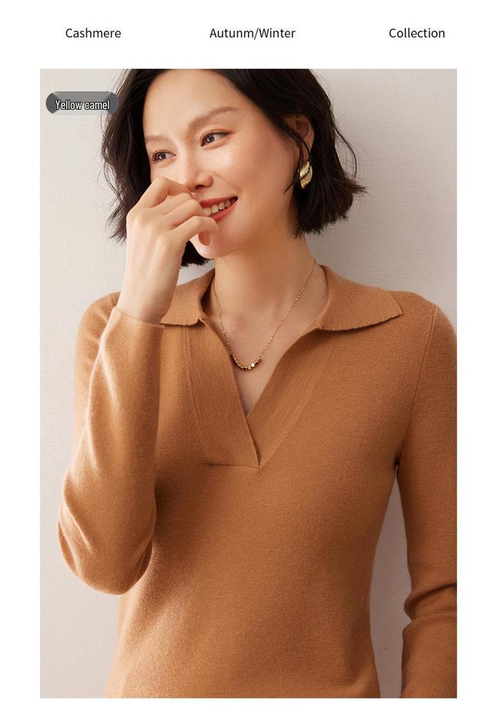 Women's Loose Cashmere Polo Neck Sweater - Autumn/Winter Long Sleeve Knit Pullover