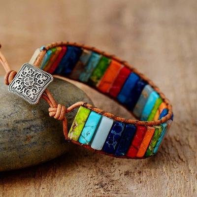Colorful Imperial Jasper Rectangle Beaded Bracelets, Handmade Braided Adjustable Rope Bracelet, Crystal Stone Jewelry