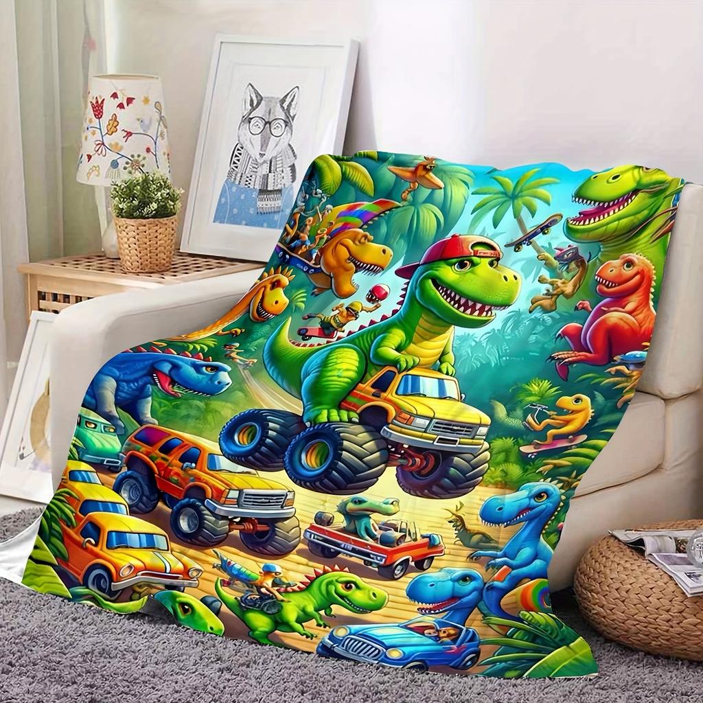 1 Stück Dinosaurier Geländewagen Campingdecke, Mehrjahreszeiten Universal für Schlafzimmer Wohnzimmer Camping, Flanell 2D Flaches Dekor