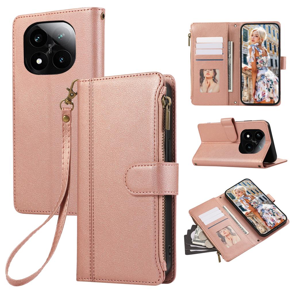 Pouzdro na telefon pro Xiaomi Redmi Note 14 Pro 5G/Note 14 Pro+ 5G/Poco X7 5G s více sloty na karty, kožený kryt na zip s poutkem na zápěstí
