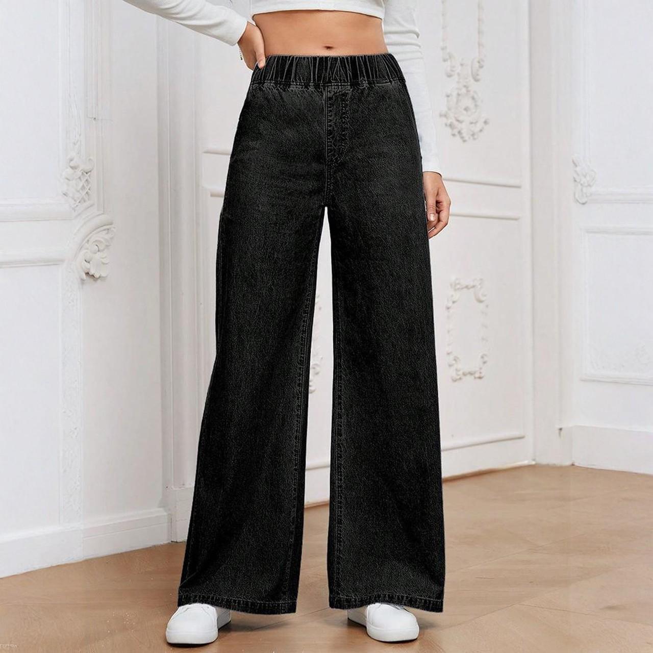 

Women s Casual Loose Comfortable Fashionable Solid Color Wide-leg Jeans S чёрный