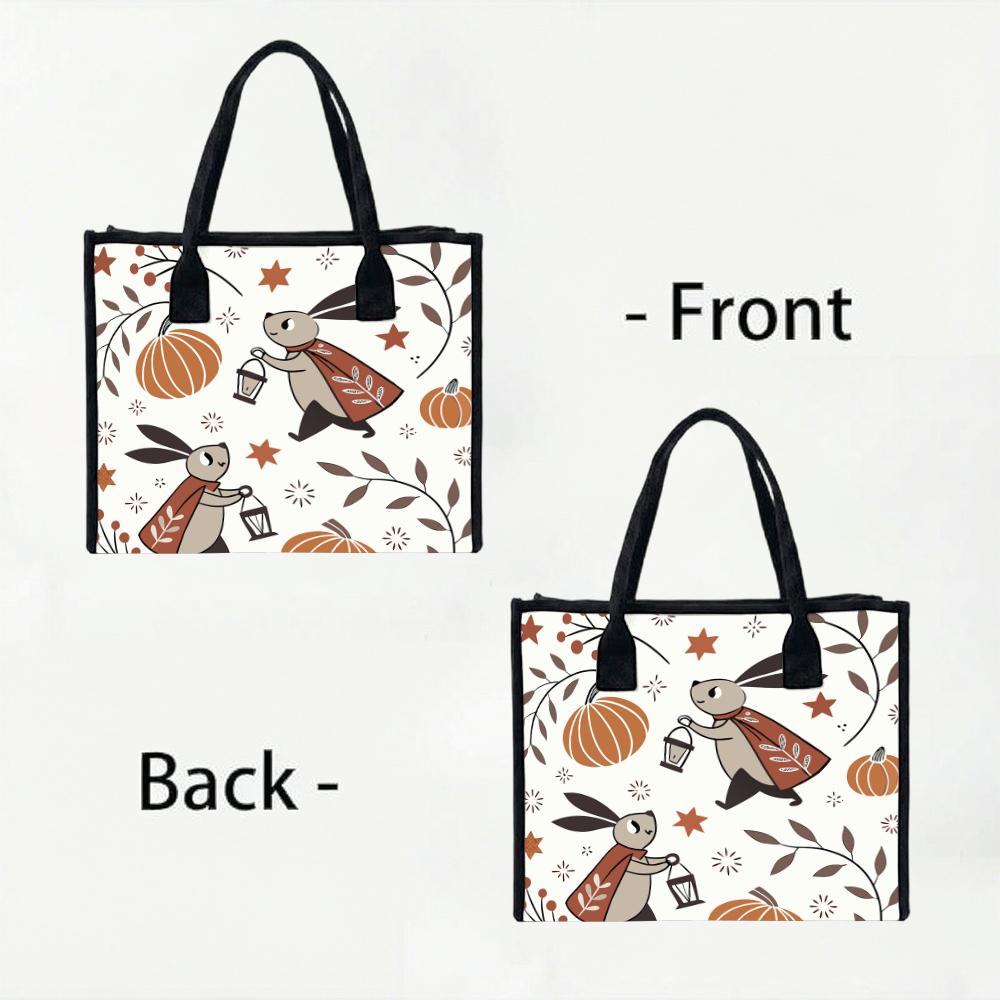 Cute Rabbit Pumpkin Printed Tote Bag Casual Large Capacity Portable Shopping Handbag for Daily Use