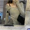 Women's Gray Long-Sleeve Tight Fit Short T-Shirt, Autumn 2025 Fashion.