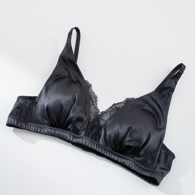 Silk stretch satin V-neck French underwear, mulberry silk lace rimless side-closed breast bra M чёрный