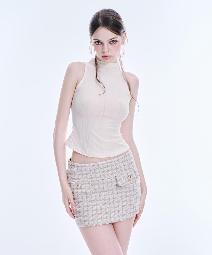 Akeumeseodeu Mock Neck Rib Sleeveless Top (Beige)