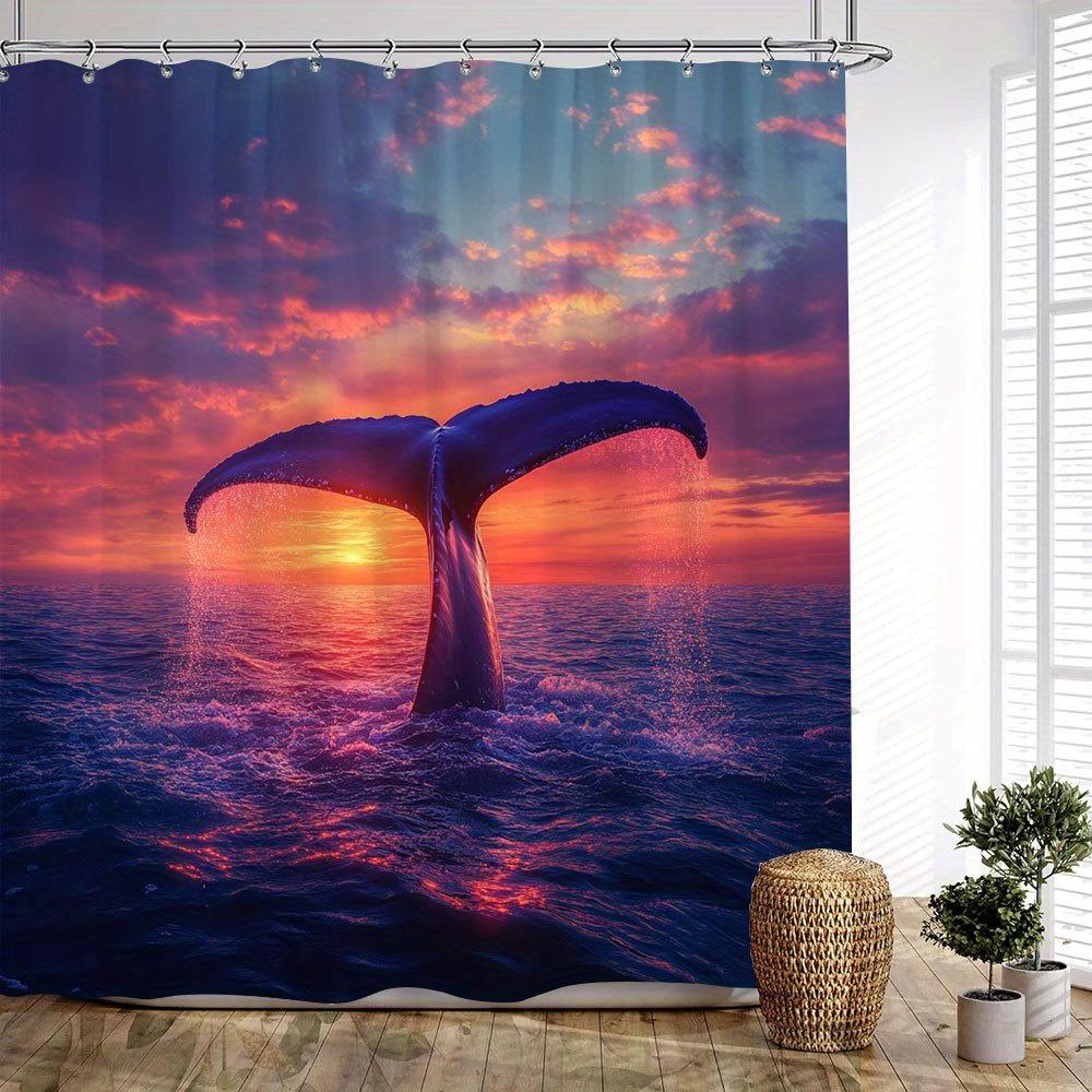 1Pc Sunset Whale Tail Bathtub Curtain - Ethereal Ocean Art With Majestic Marine Mammal, Radiant Pink Orange Purple Sky