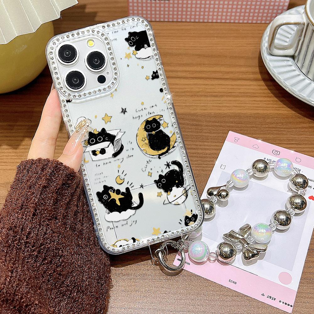 Bracelet Chain Phone Case For iPhone 17 16 15 13 14 for 17Air 17 12 14 16 Pro 17 14 16 Pro Max Sparking Diamond Cute Pattern Hard Cover With Lanyard