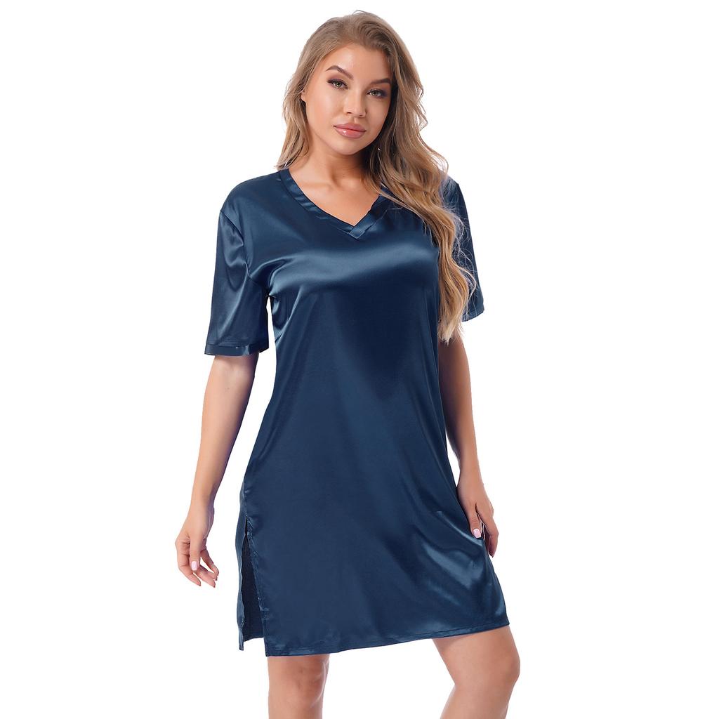 Womens Satin V Neck Nightgown Short Sleeve Split Side Nightdress Elegant Sleepwear Comfortable Loungewear