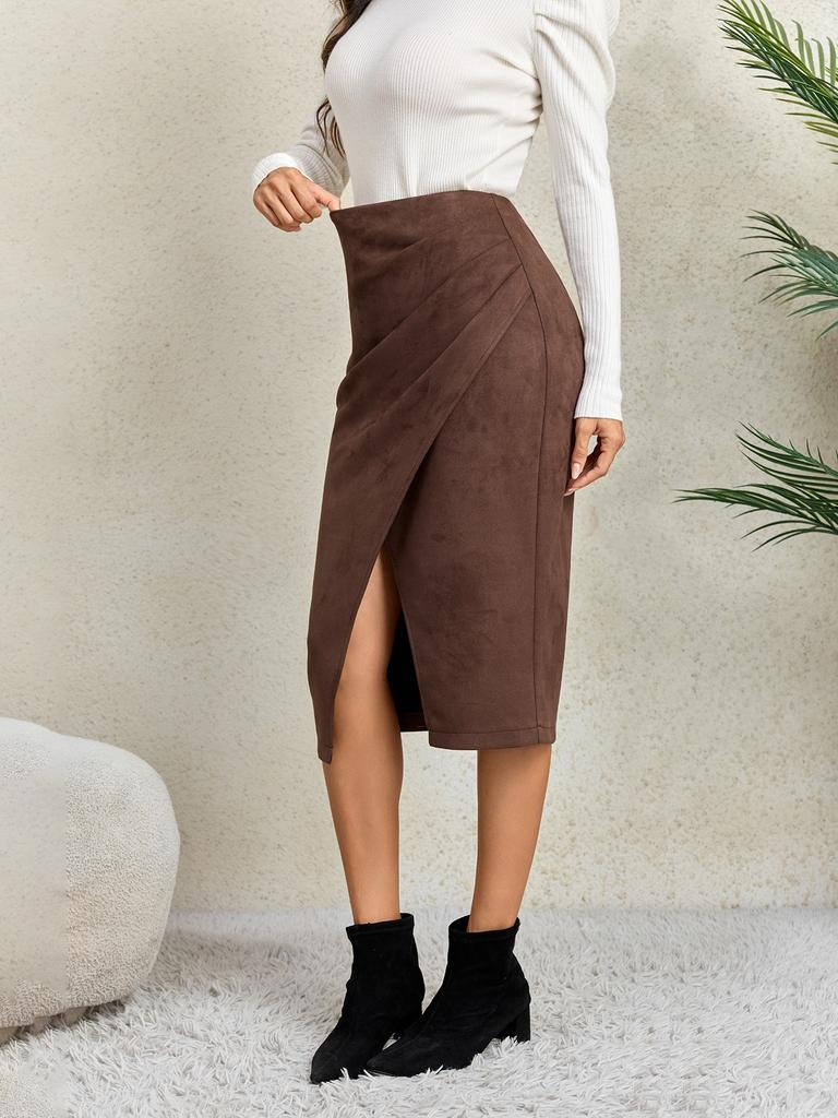 Women's Solid Color Pleated Suede Skirt High Waisted Buckle Wrapped Hip Short Skirt Middle Skirt