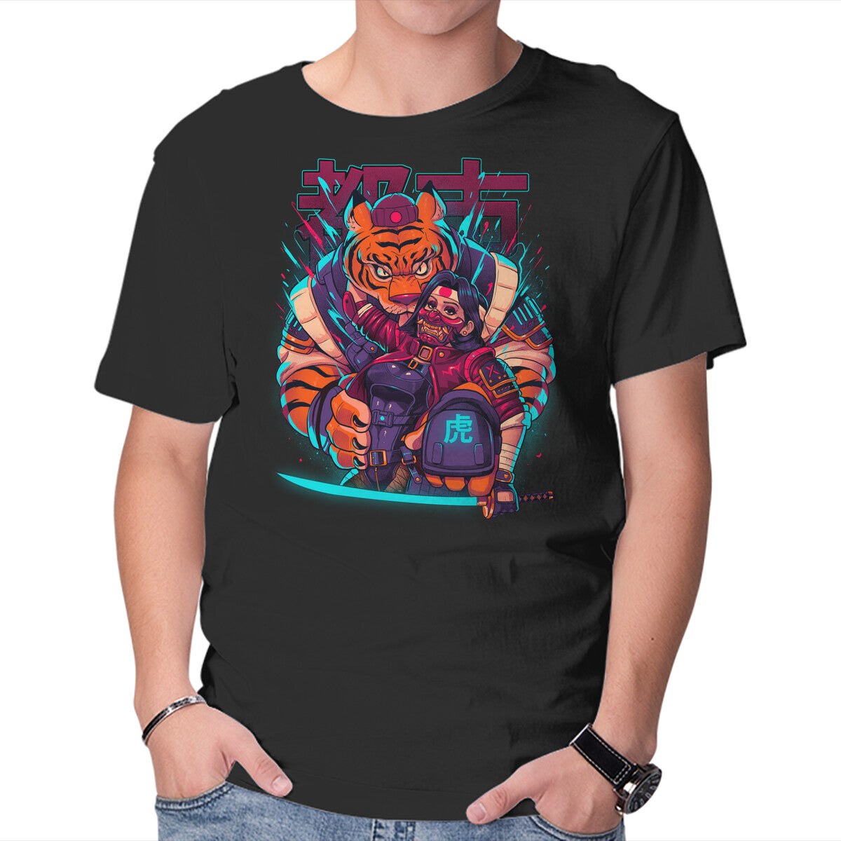 Unisex Crew Neck T-Shirt Cyber Samurai Tiger Graphic Short Sleeve Casual Tee XXXL