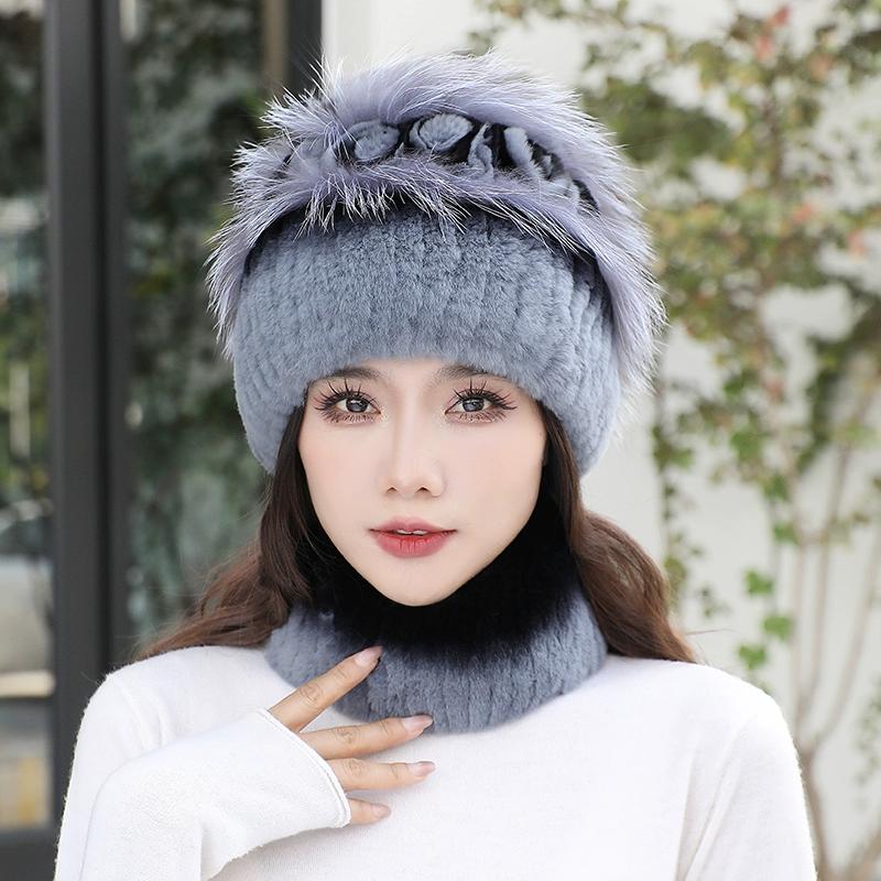Fur Rex Rabbit Hair Hat Women's Winter Neck Cover Two-piece Warm Korean Version Fashion Beautiful Mom Snow Hat Travel