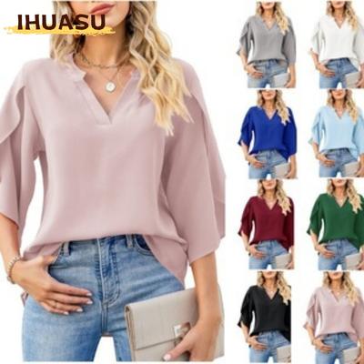 Women's Fashion Casual Solid Color Print V Neck Blouses & Shirts