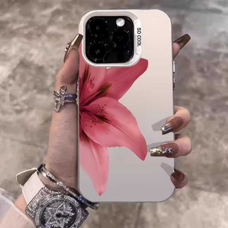Lily Flower Print IMD Material Silvery Phone Case for iPhone 16 E 15 14 13 12 11 Pro Max XS XR X 7 8 15 16 Plus Shockproof Cover
