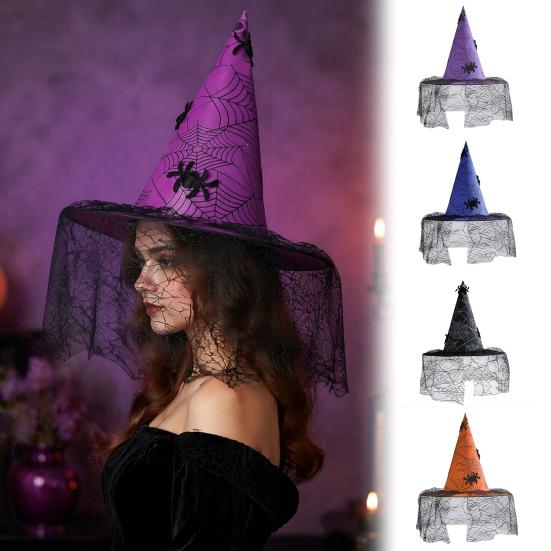 Creative Halloween Night Headgear Witch Hat, with Lace Mesh And Simulated Spiders, Gothic Decorative Spider Web Hat Style Costume Accessory,