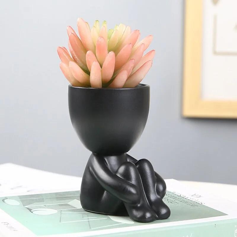 Mini Decorative Pots for Plants Human Shaped Ceramic Succulent Planters Cute Cactus Flower Pots with Drainage for Desktop Home