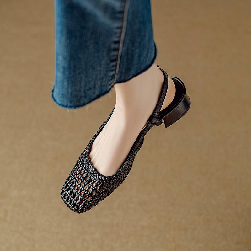 Krazing Pot Microfiber Weaving Summer Size 41 Med Heels Slingback Party Shoes Women Square Toe Gladiator Hollow Out Pumps