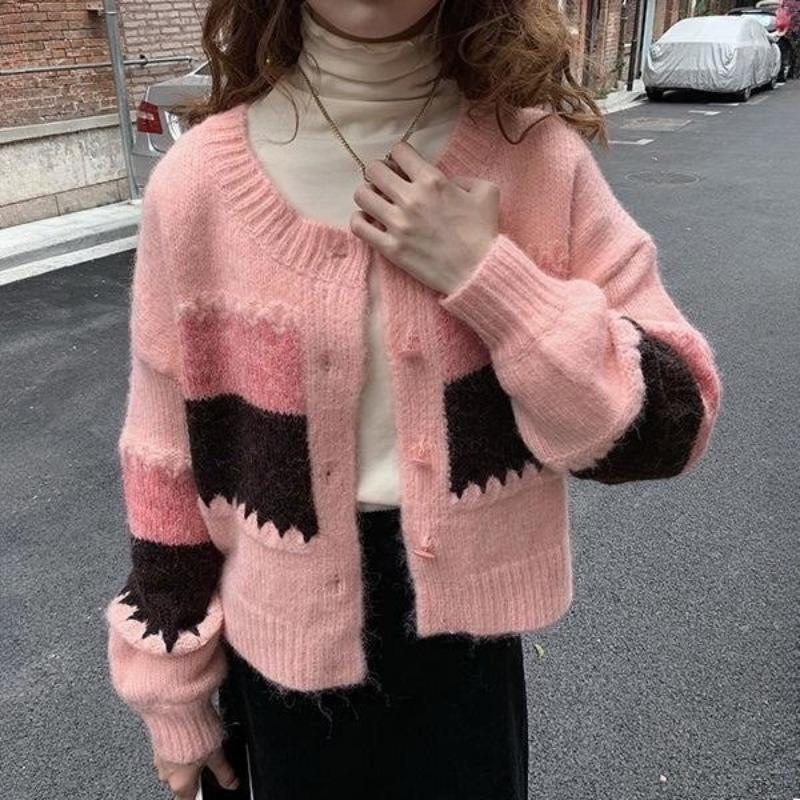 Spring Autumn Winter Korean-Style Knit Cardigan: Women's Fashion Color-Block Striped Short Outer-Wear Sweater